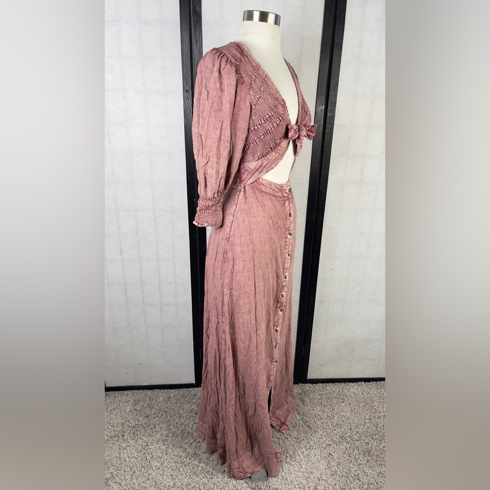 Pink Button-Down Maxi Dress with Tie Front - Picture 3 of 7